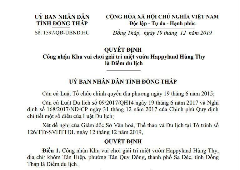 Khu vui chơi giải trí miệt vườn Happyland Hùng Thy được công nhận là Điểm du lịch - Ảnh 1.