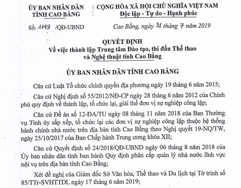 Thành lập Trung tâm Đào tạo, thi đấu Thể thao và Nghệ thuật tỉnh Cao Bằng - Ảnh 1.