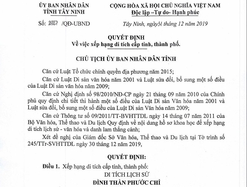 Tây Ninh: Xếp hạng di tích cấp tỉnh, thành phố - Ảnh 1.