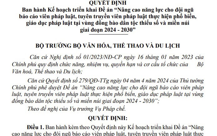 Ban hành Kế hoạch triển khai Đề án "Nâng cao năng lực cho đội ngũ báo cáo viên pháp luật, tuyên truyền viên pháp luật thực hiện phổ biến, giáo dục pháp luật tại vùng đồng bào dân tộc thiểu số và miền núi giai đoạn 2024 - 2030"