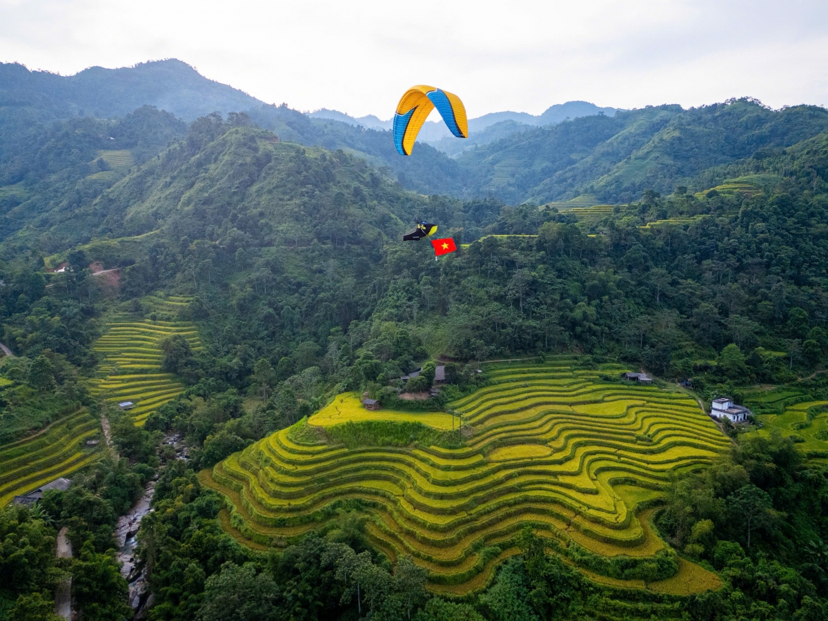 Bay dù lượn ngắm ruộng bậc thang mùa lúa chín tại Thông Nguyên, Tuyên Quang - Ảnh 2. Bay dù lượn ngắm ruộng bậc thang mùa lúa chín tại Thông Nguyên, Tuyên Quang - Ảnh 2.