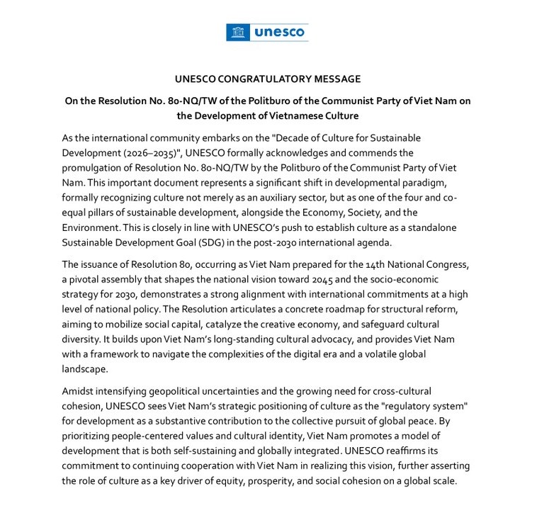 UNESCO ghi nhận và chúc mừng Nghị quyết về phát triển văn hóa của Việt Nam - Ảnh 2.