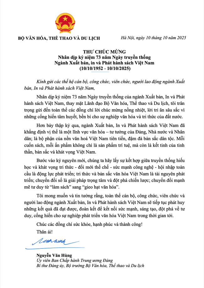 Thư chúc mừng của Bộ trưởng Nguyễn Văn Hùng nhân kỷ niệm 73 năm Ngày truyền thống Ngành Xuất bản, in và Phát hành sách Việt Nam - Ảnh 1.