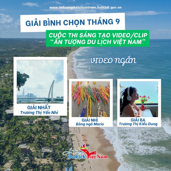 Công bố giải bình chọn tháng 9 Cuộc thi "Sáng tạo Video/Clip Ấn tượng Du lịch Việt Nam" - Ảnh 1. Công bố giải bình chọn tháng 9 Cuộc thi "Sáng tạo Video/Clip Ấn tượng Du lịch Việt Nam" - Ảnh 1.