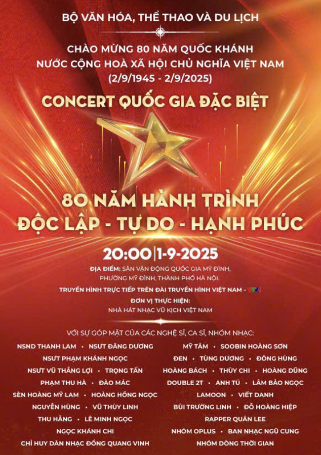 Sắp diễn ra chương trình nghệ thuật Quốc gia đặc biệt "80 năm hành trình Độc lập - Tự do - Hạnh phúc" - Ảnh 1. Sắp diễn ra chương trình nghệ thuật Quốc gia đặc biệt "80 năm hành trình Độc lập - Tự do - Hạnh phúc" - Ảnh 1.