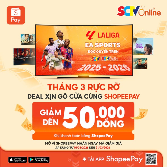 Chương trình khuyến mãi tháng 3 của SCTV Online: Nhận ưu đãi đến 20% khi thanh toán qua ví ShopeePay   - Ảnh 1.