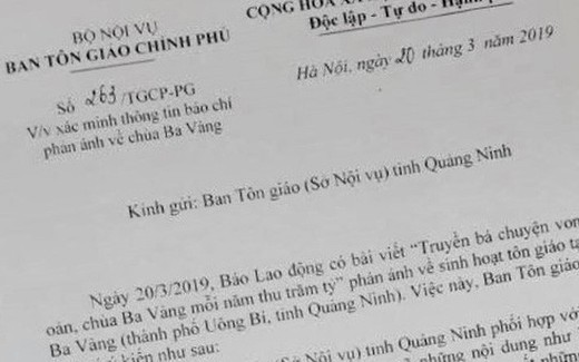 Ban Tôn giáo Chính phủ yêu cầu xác minh thông tin chùa Ba Vàng truyền bá vong báo oán