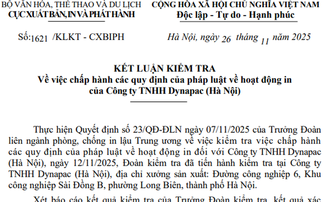 Kết luận kiểm tra về việc chấp hành các quy định của pháp luật về hoạt động in của Công ty TNHH Dynapac (Hà Nội)