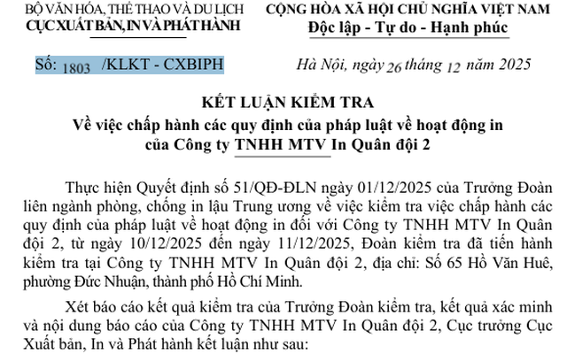 Kết luận kiểm tra về việc chấp hành các quy định của pháp luật về hoạt động in của Công ty TNHH MTV In Quân đội 2